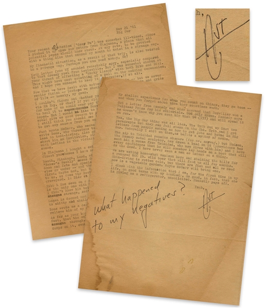 Hunter S. Thompson Letter Signed From 1961 -- Thompson Writes of His Girlfriend Getting an Abortion, ''...upon our return from Tiajuana, a place that all potential papas should know about...''